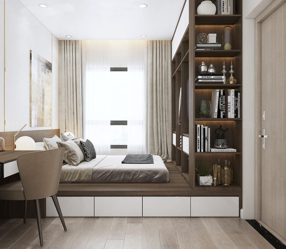 Giường kết hợp với tủ quần áo giúp tối ưu không gian cho phòng ngủ 10m2