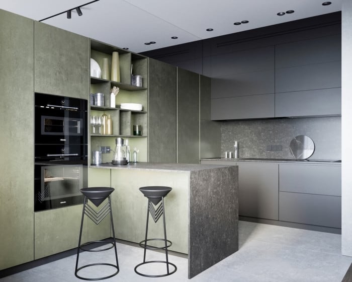 Không gian nội thất nhà bếp độc lạ với màu xanh lá cây ghi xám
