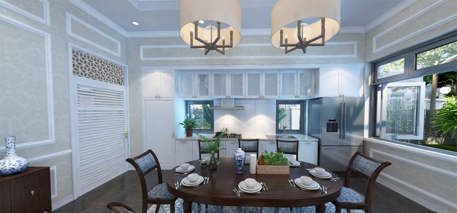 Mẫu thiết kế nội thất biệt thự Vinhomes Harmony ấn tượng với không gian phòng ăn và bếp phong cách Đông Dương