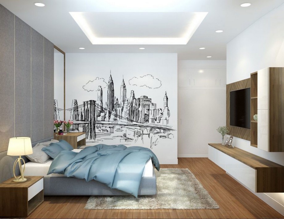 Phòng ngủ 1 có thiết kế hiện đại gam màu trung tính, Mảng tường vách ngăn với phòng thay đồ được trang trí với những hình vẽ phong cảnh trắng, đen ấn tượng.