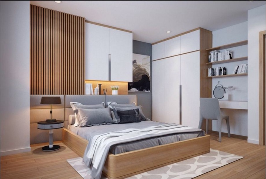 Phòng ngủ 2 sử dụng chất liệu gỗ sồi kết hợp gỗ công nghiệp cho thiết kế nhã nhặn, tinh tế, tận dụng tối đa công năng sử dụng.