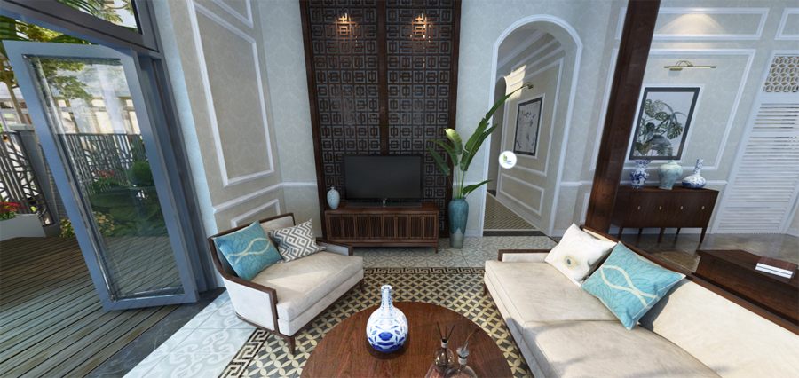 Phòng khách điểm nhấn với sắc xanh thanh thoát trong mẫu thiết kế nội thất biệt thự Vinhomes Harmony phong cách Đông Dương