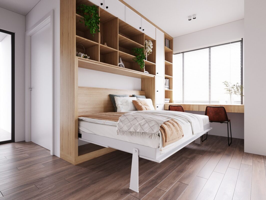 Giường ngủ thông minh kết hợp với giá đựng đồ